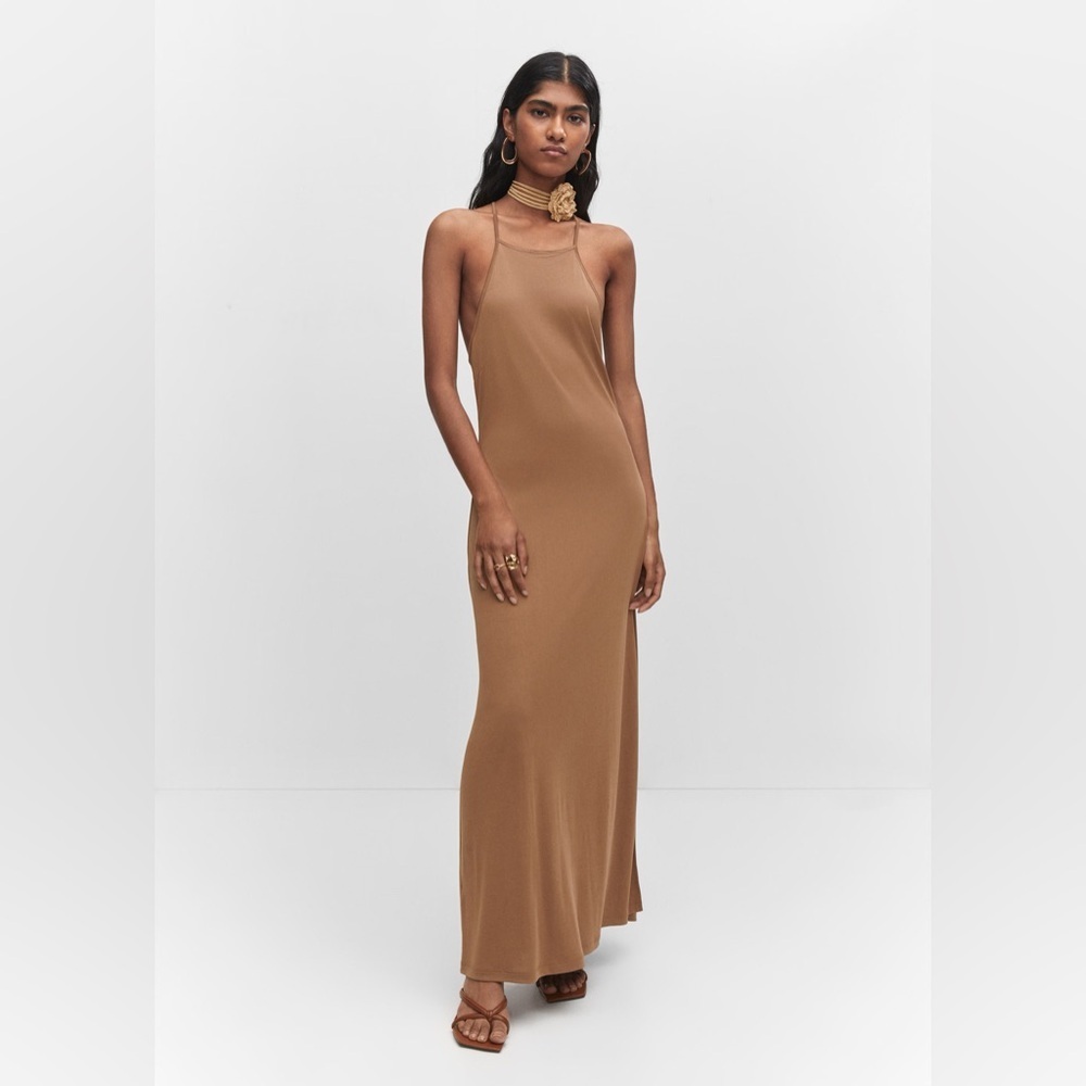Mango Brown Halter Neck Modal Dress Nwt